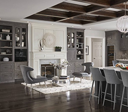 Yorktowne Cabinetry – Historic Series, Burbank Door Style in Maple with Divinity Pewter Highlight paint, and Earl Grey paint; Historic Series, Langdon Door Style in Quartersawn Oak with Stoney Brooke Boulder finish.