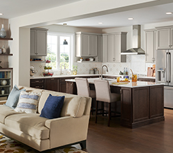 Yorktowne Cabinetry – Classic Series, Lansing Door Styles in Oak with Peppercorn stain and Cherry in Smoke stain